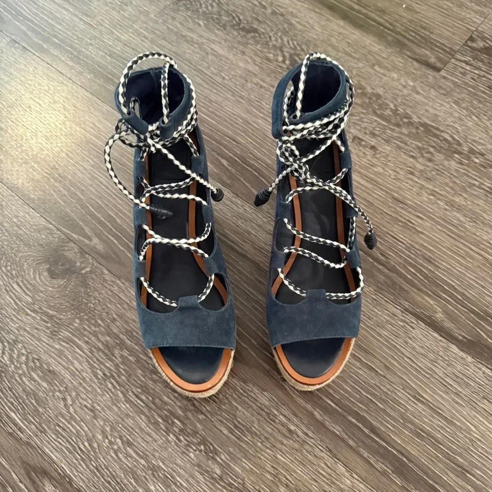 Tory Burch Positano lace-up platform espadrille sandal in blue suede